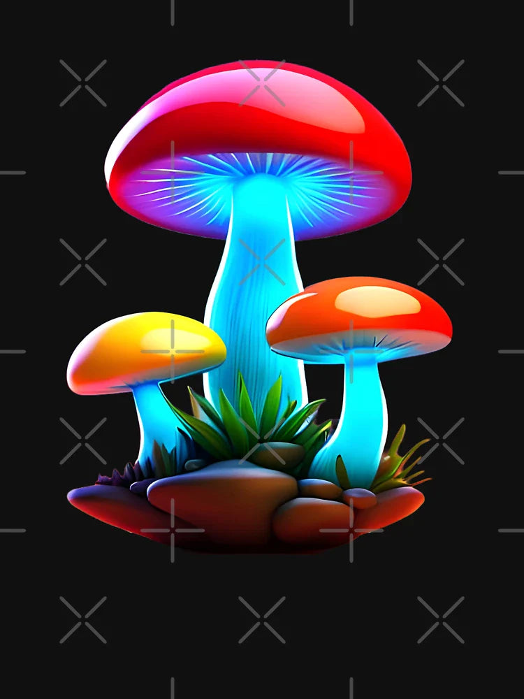 Glowing bioluminescent fungi | Colorful cartoon mushrooms | 3D mushrooms | Toadstool
