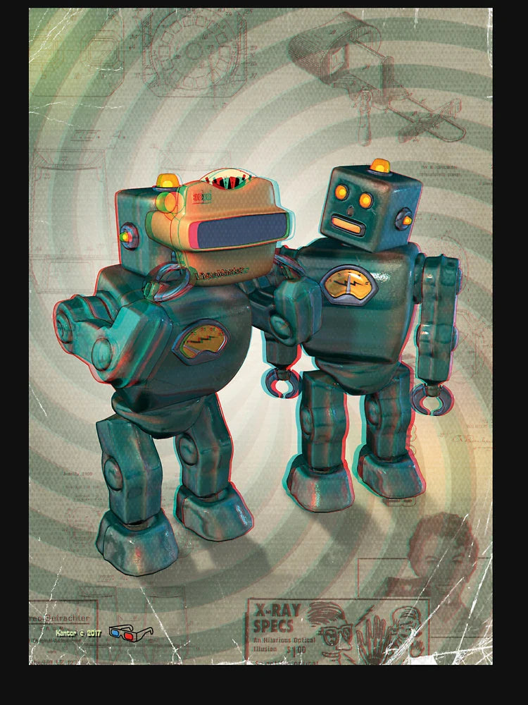 Toy Robots Anaglyph 3d pop-art illustration (version 1)