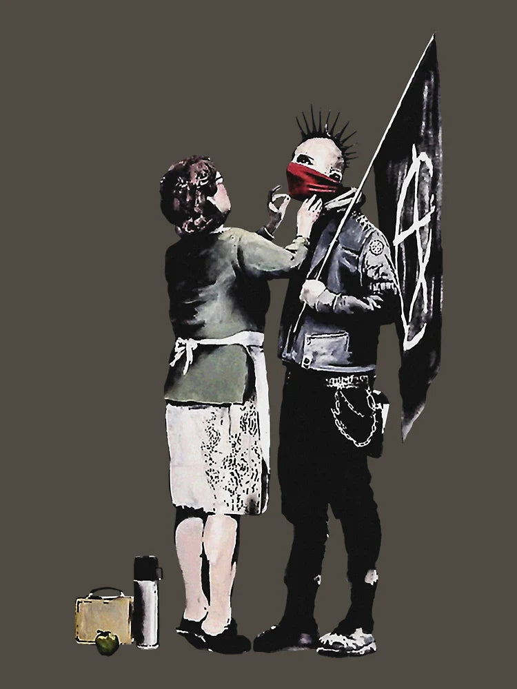 Banksy graffiti mom and punk with anarchist flag