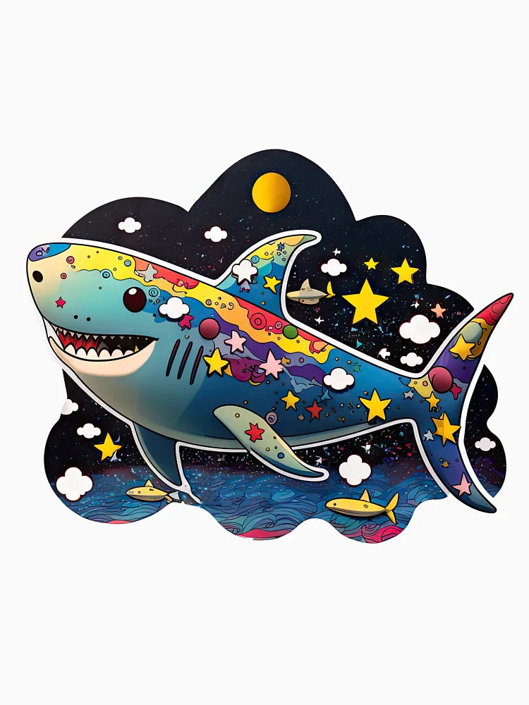 Vibrant 3D Kawaii Shark Floating in Space with Stars and Planets