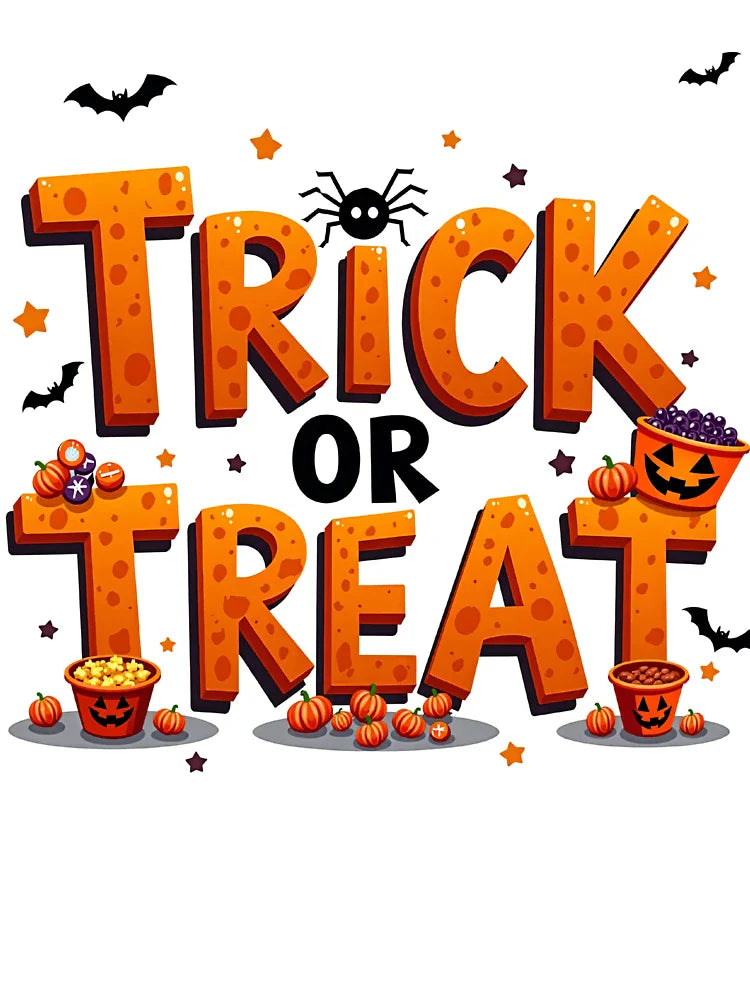 Trick or Treat Halloween Text with Pumpkins, Candy Buckets, Spiders, and Bats