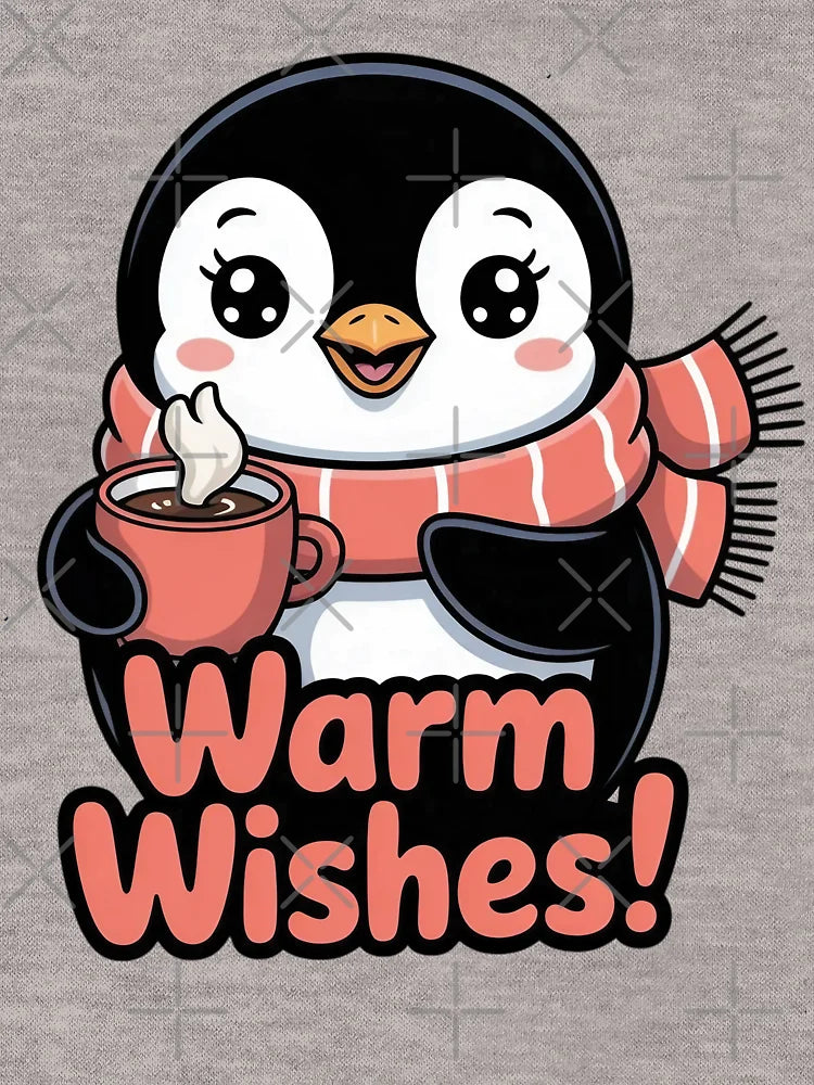 Warm Wishes Penguin Design | Cute Coffee Lover Winter Graphic | Cozy Holiday Animal Art | Hot Drink Season Quote | Adorable Snowy Vibes Illustration