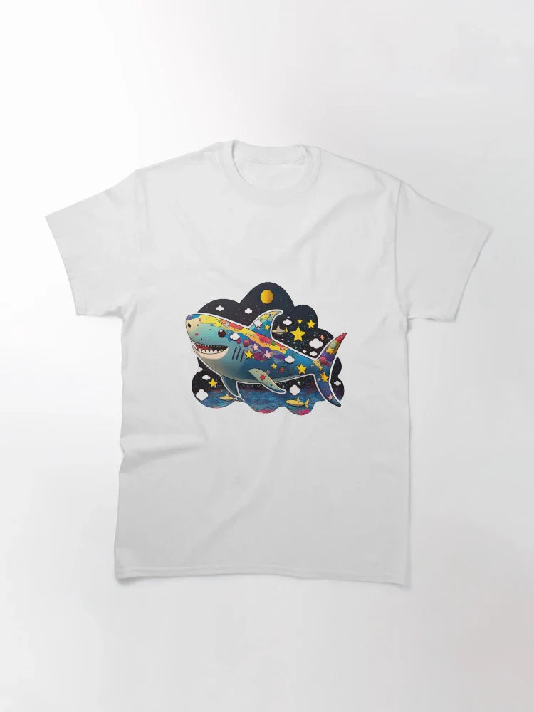 Vibrant 3D Kawaii Shark Floating in Space with Stars and Planets