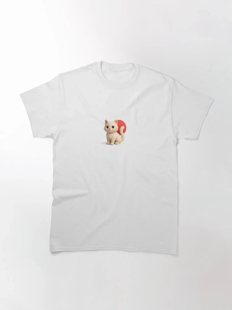Cute 3D White Cat with Red Sun