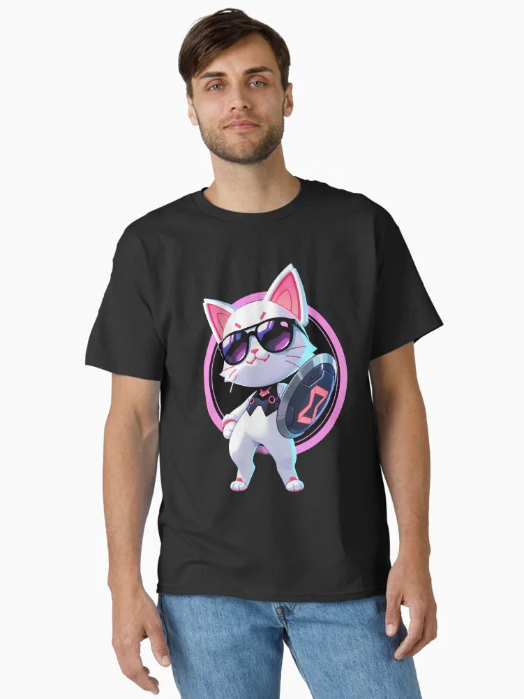Cyberpunk Neon 3D Chibi Cat with Shield
