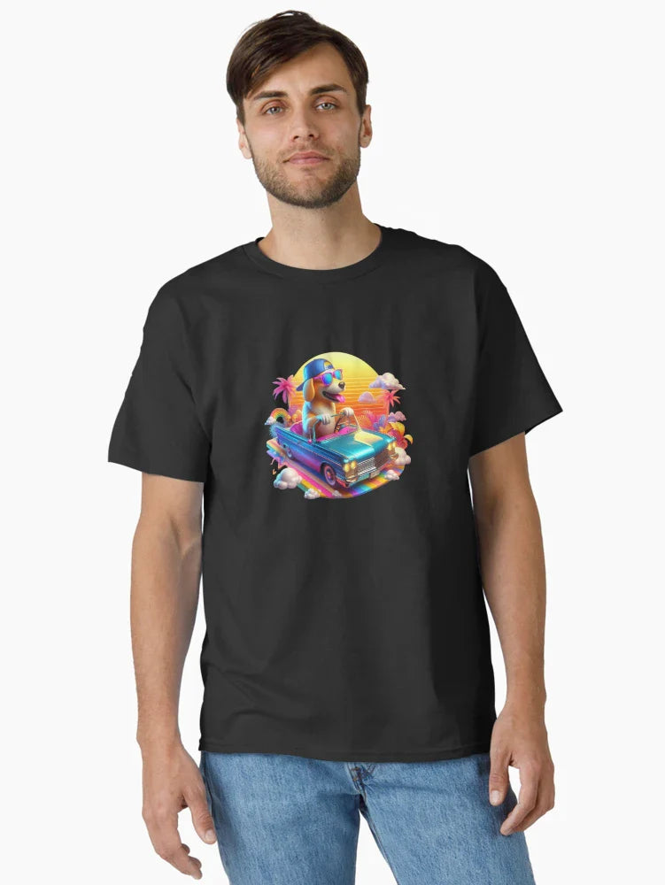 3D Dog with Sunglass Riding a Car In a Vibrant 90's style, Cute Dog Riding a Car, Adorable Kawaii Dog Riding a Car