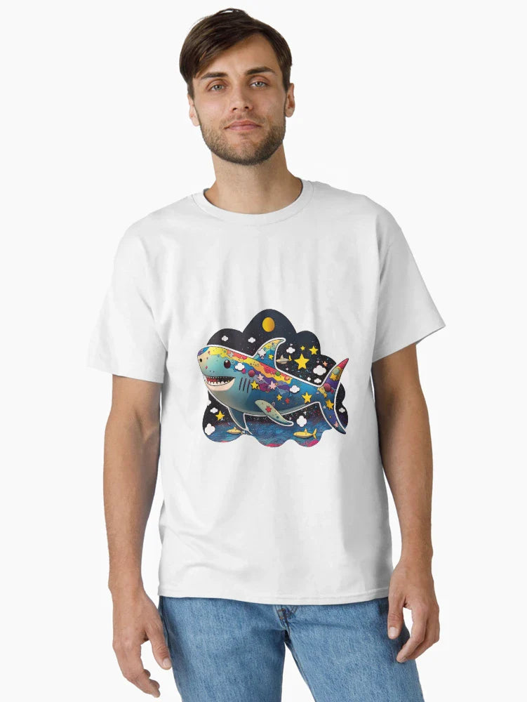 Vibrant 3D Kawaii Shark Floating in Space with Stars and Planets