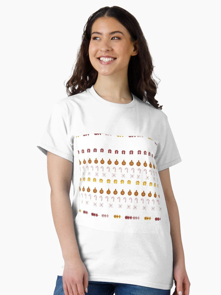 Festive Stripes with Gifts & Ornaments Pattern Maroon on White