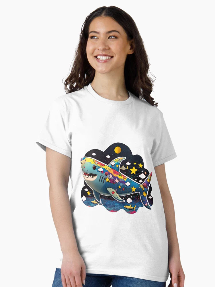 Vibrant 3D Kawaii Shark Floating in Space with Stars and Planets