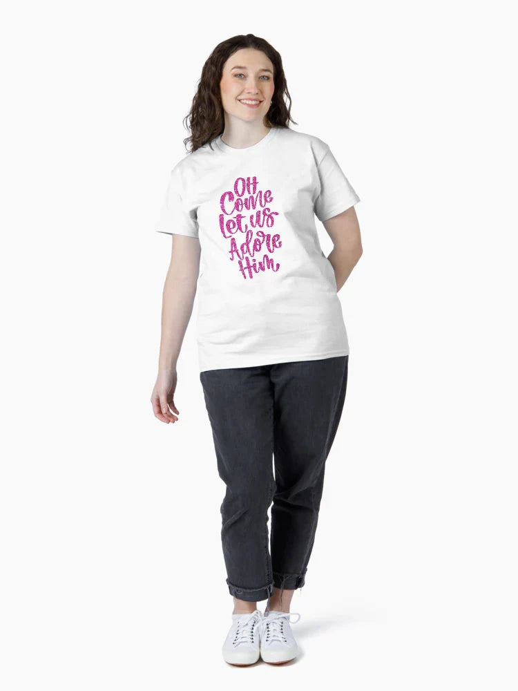 Oh Come Let Us Adore Him” PNG | Glittery Christian Christmas | Early Holiday Quote| Pink Christmas