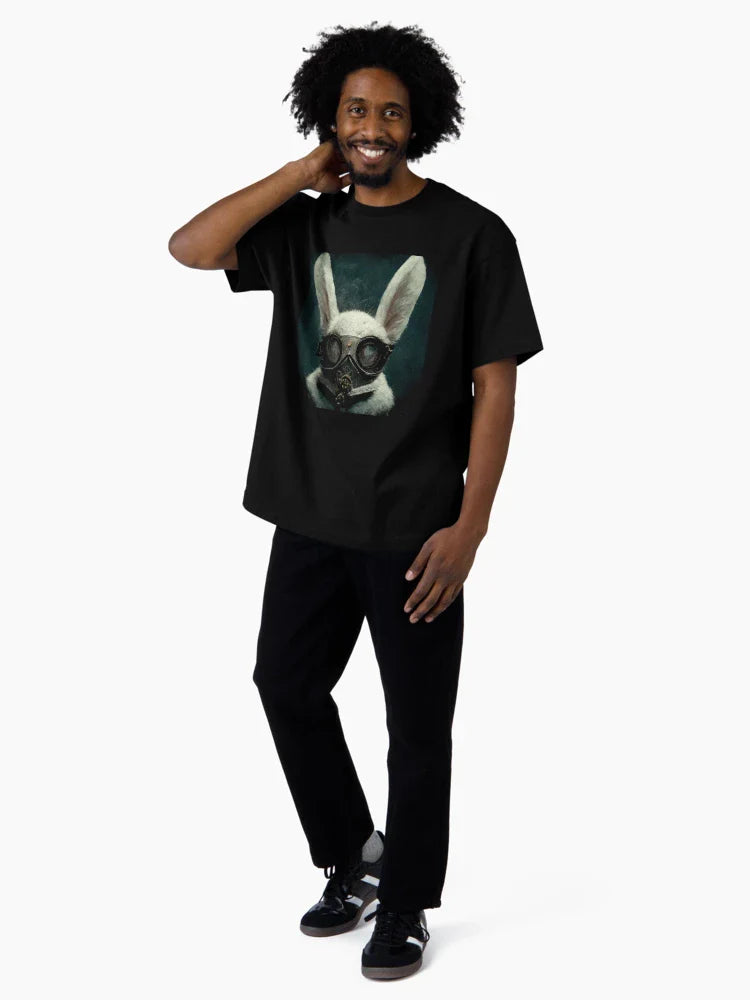 The rabbit wearing a gas mask.