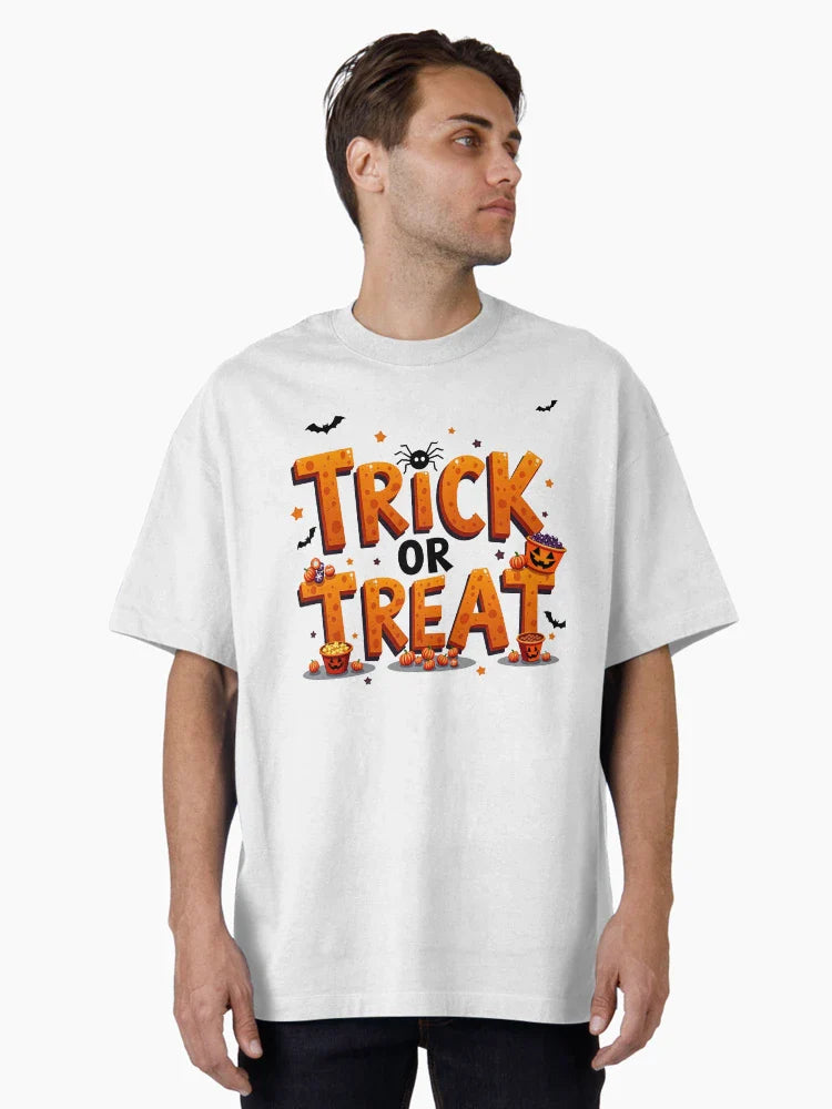 Trick or Treat Halloween Text with Pumpkins, Candy Buckets, Spiders, and Bats