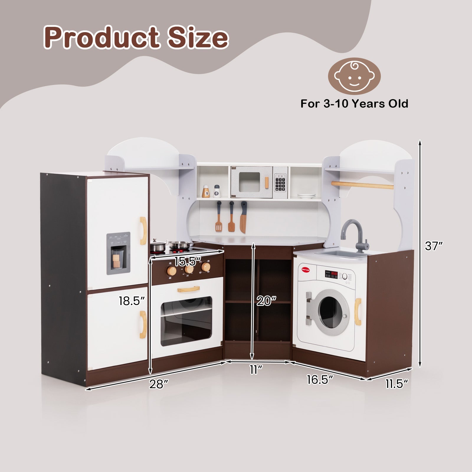 Toddler Kitchen Playset with Ice Maker Microwave Oven Sink and Washing Machine for Kids 3+ Years Old