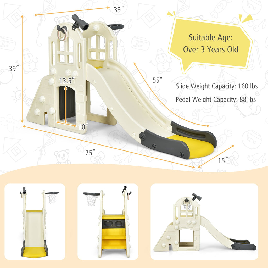 6-In-1 Large Slide for Kids Toddler Climber Slide Playset with Basketball Hoop-Yellow