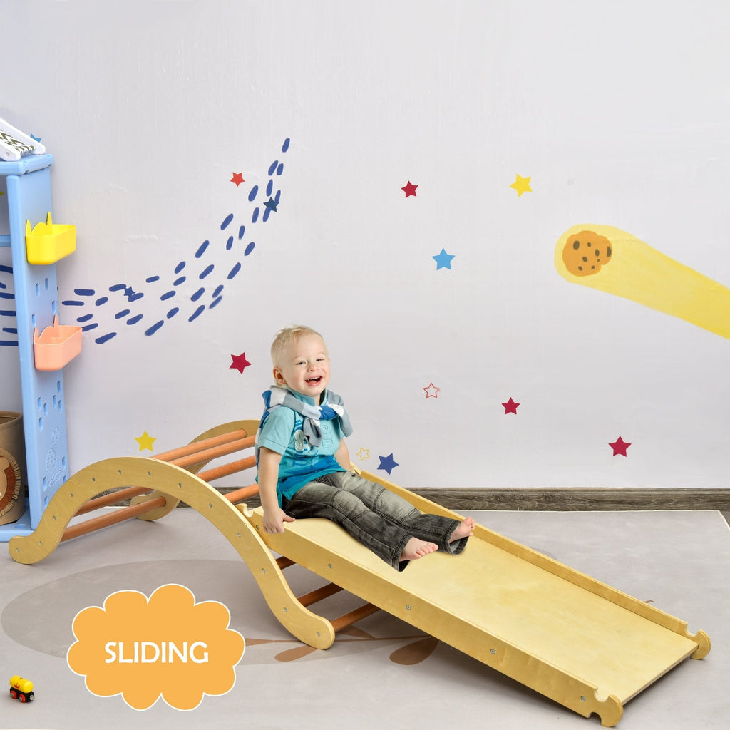 3-in-1 Kids Wooden Arch Triangle Rocker Climber Set with Ramp and Mat