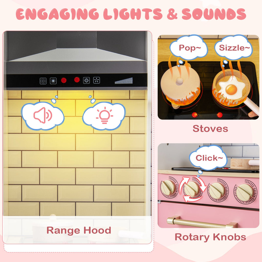 Wooden Pretend Play Kitchen with Ice Maker Range Hood and Blackboard-Pink