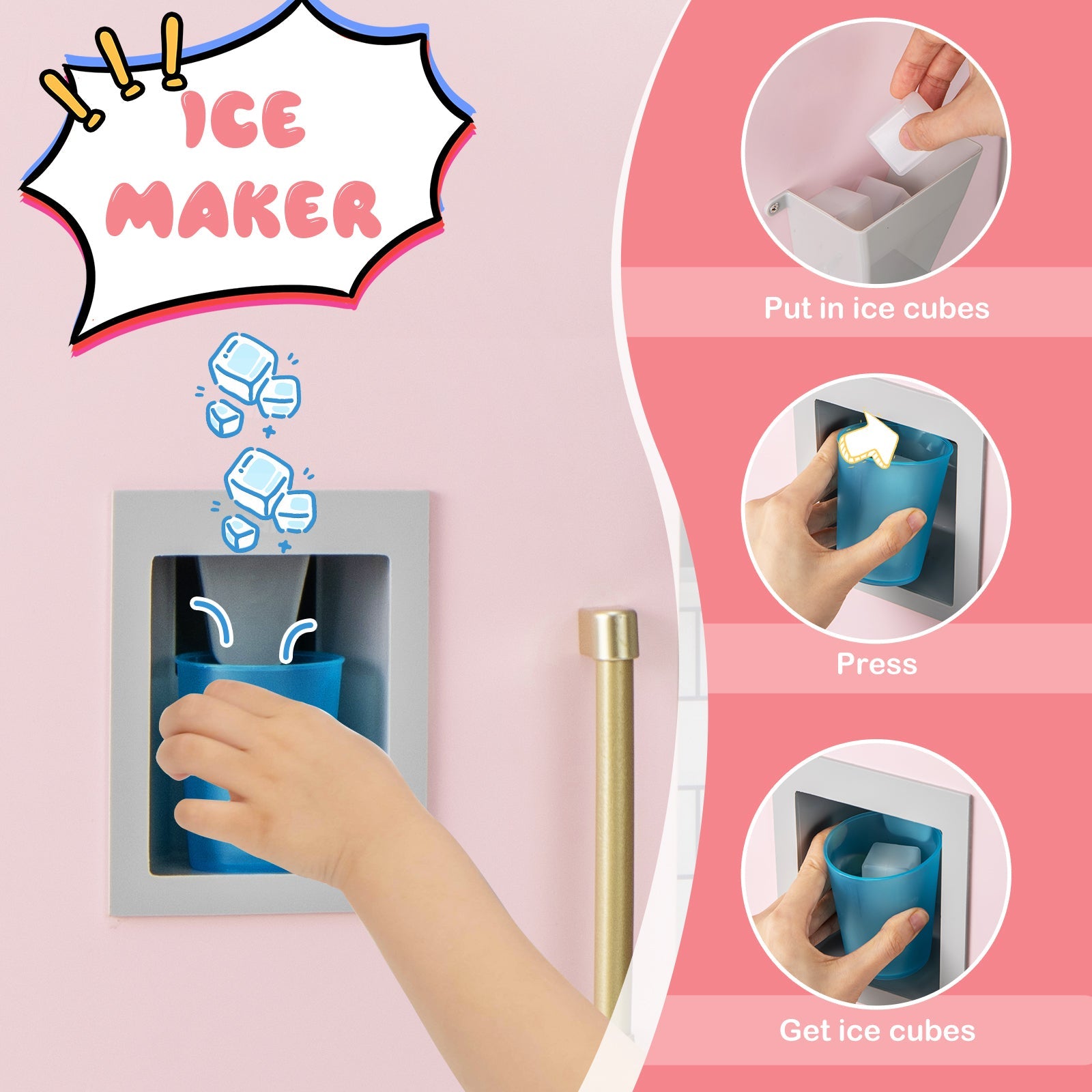 Wooden Pretend Play Kitchen with Ice Maker Range Hood and Blackboard-Pink